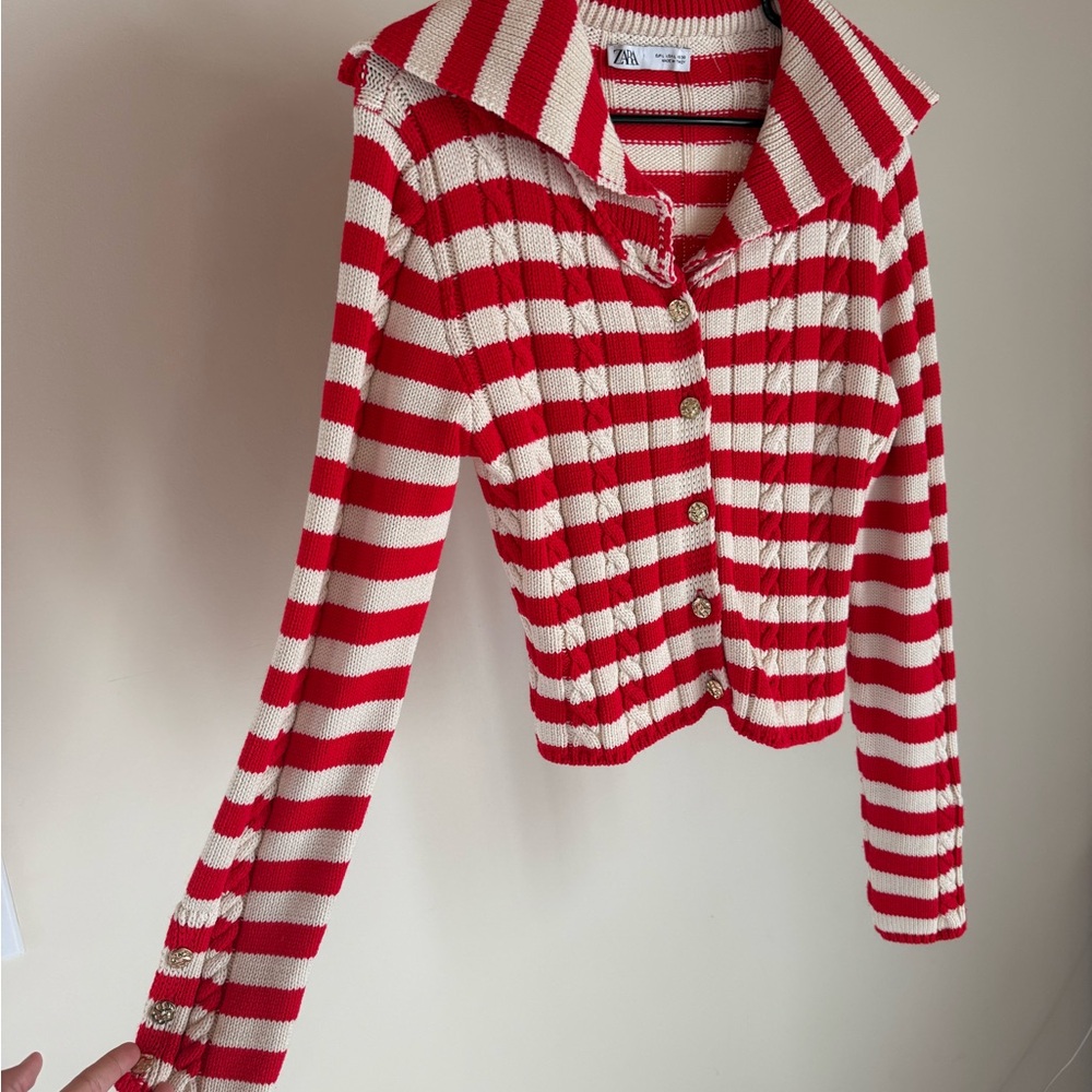 Zara Red and Cream Striped Knit Button Cardigan